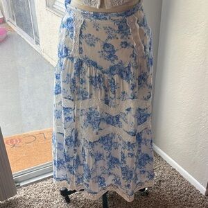 Altar’d State Blue Floral Lace-Trim Maxi Skirt